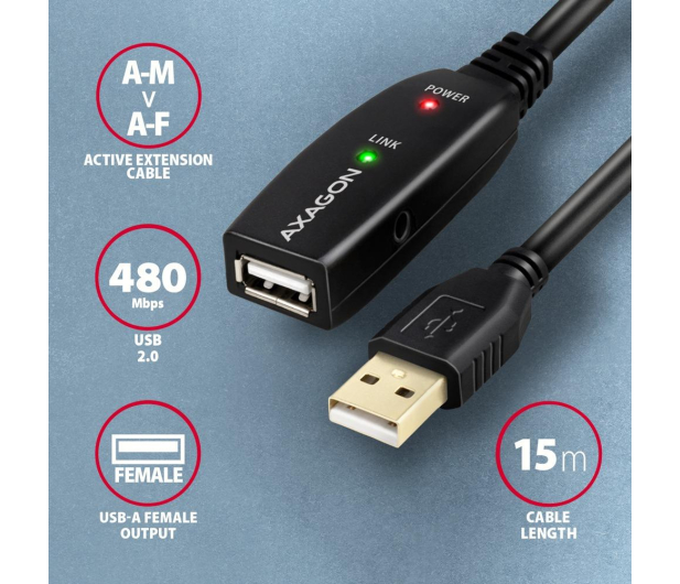 AXAGON ADR-215 USB 2.0 A-M -> A-F aktywny kabel przedłużacz/wzmacniacz 15m - 1353398 - zdjęcie 2